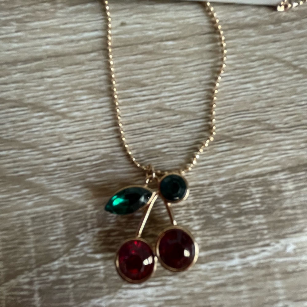 Forever 21 Gold Cherry Necklace with Red and Green Accents